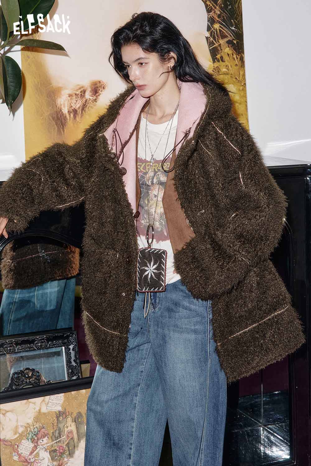 ELFSACK women's sherpa lined long coat in brown with stylish oversized design