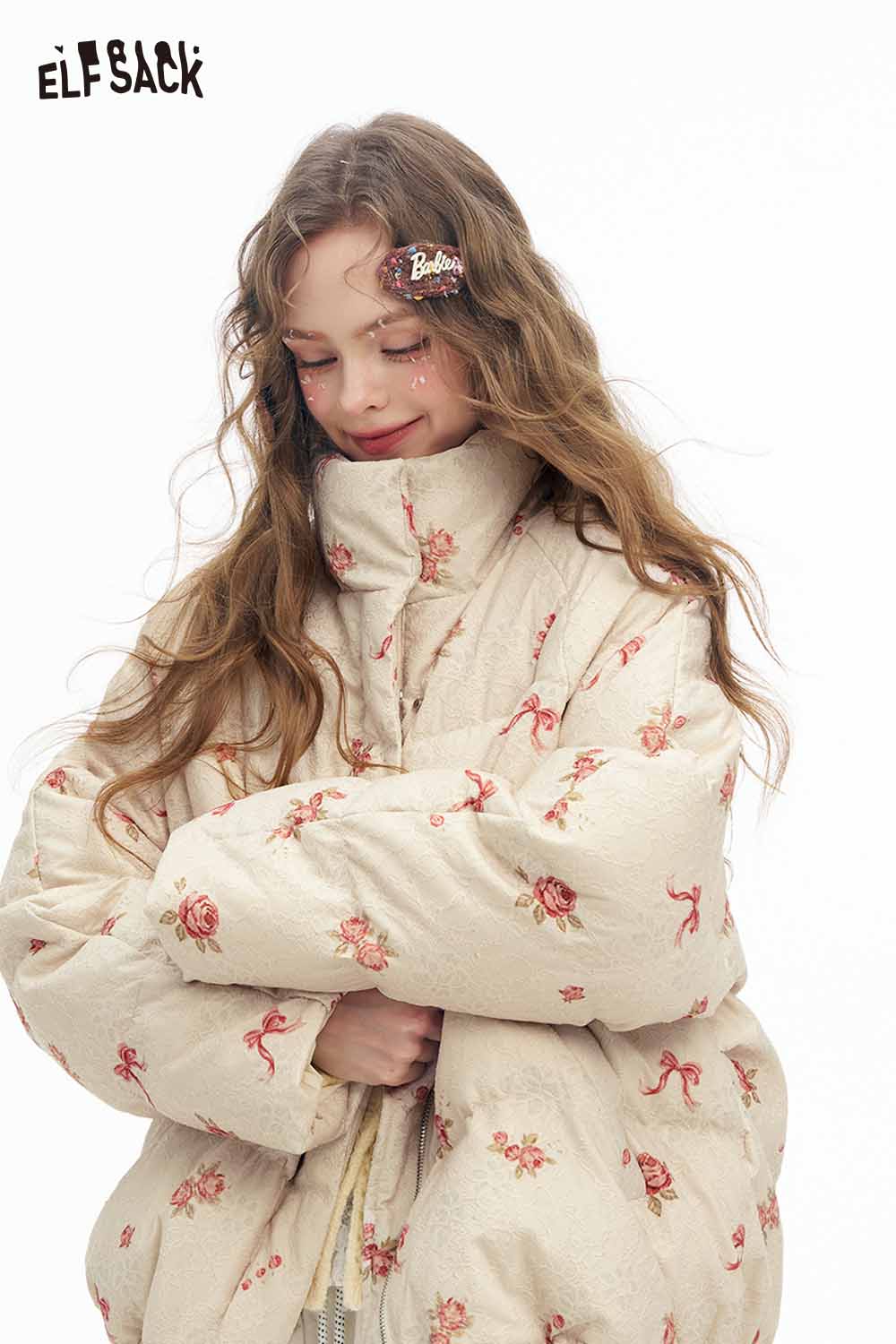 ELFSACK women's short down jacket with floral embroidery for stylish winter wear