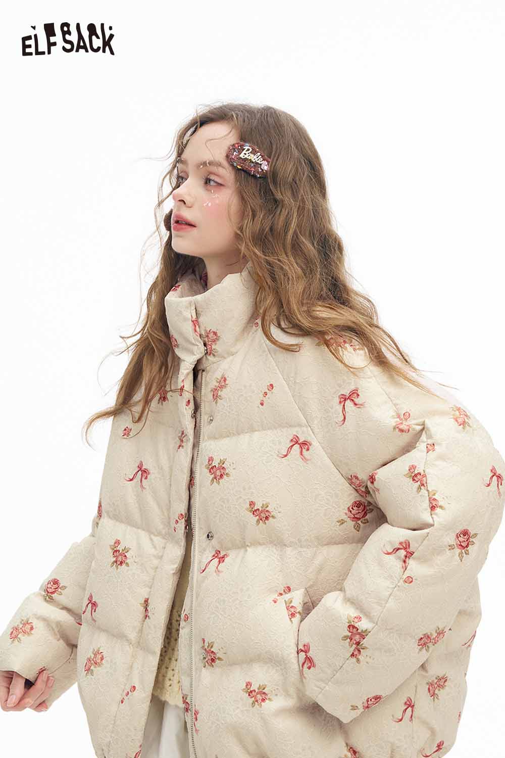 ELFSACK women's short down jacket with floral design and high collar for stylish warmth