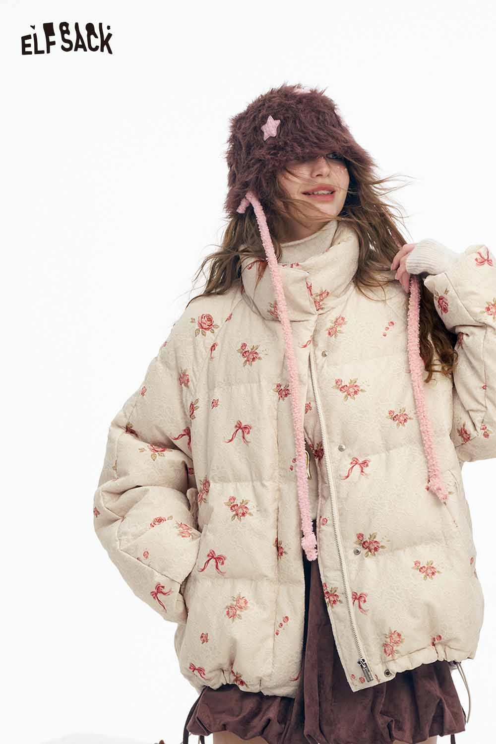 ELFSACK women's short down jacket with floral print and cozy design for winter style