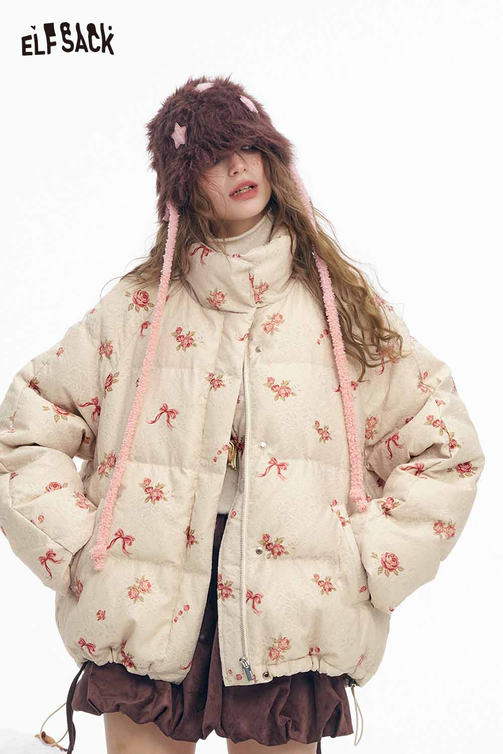 ELFSACK women's short down jacket in cream with floral embroidery and oversized design for warmth and style