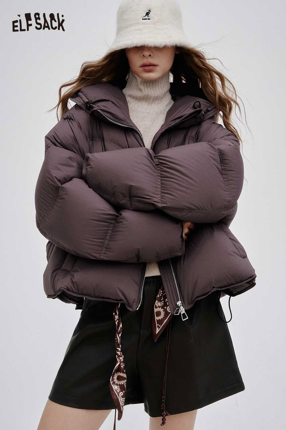 ELFSACK women's short down jacket in dark purple with a cozy fit and stylish design for winter fashion