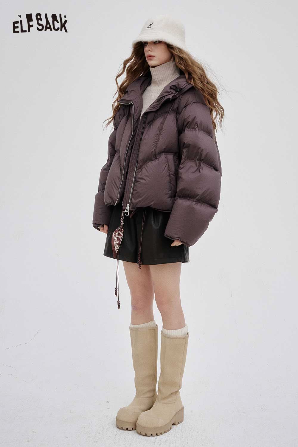 ELFSACK women's short down jacket in purple, designed for warmth and style during colder seasons