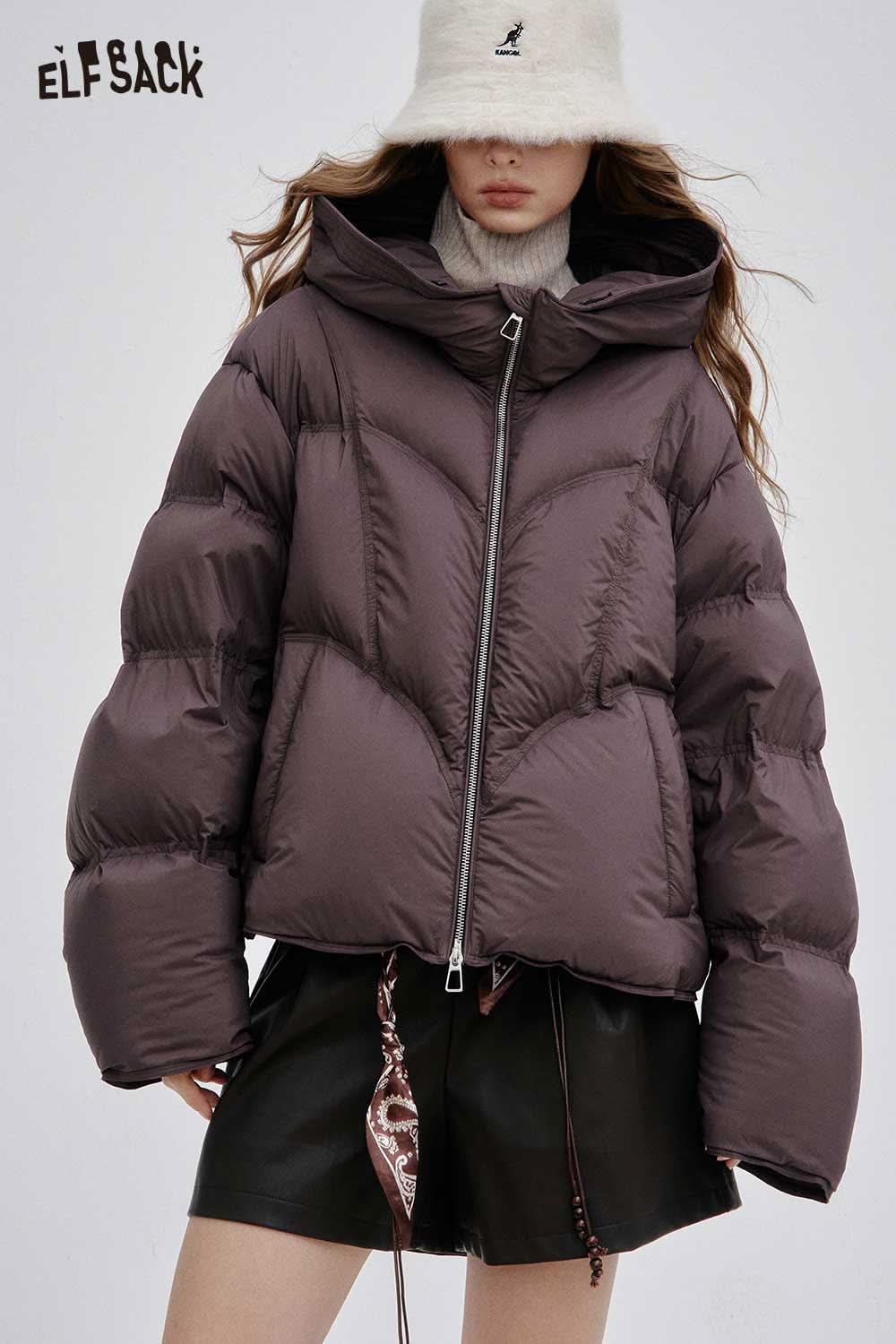 ELFSACK women's short down jacket in dark purple with a stylish hood and oversized fit