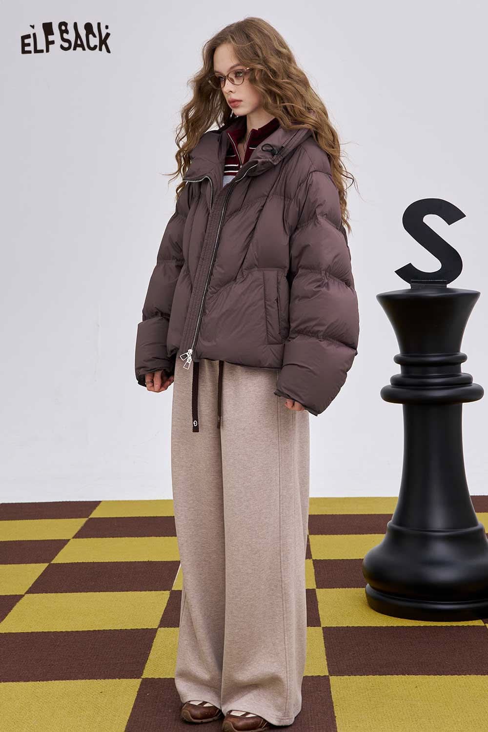 ELFSACK women's short down jacket in brown with a trendy puffed design, suitable for casual wear