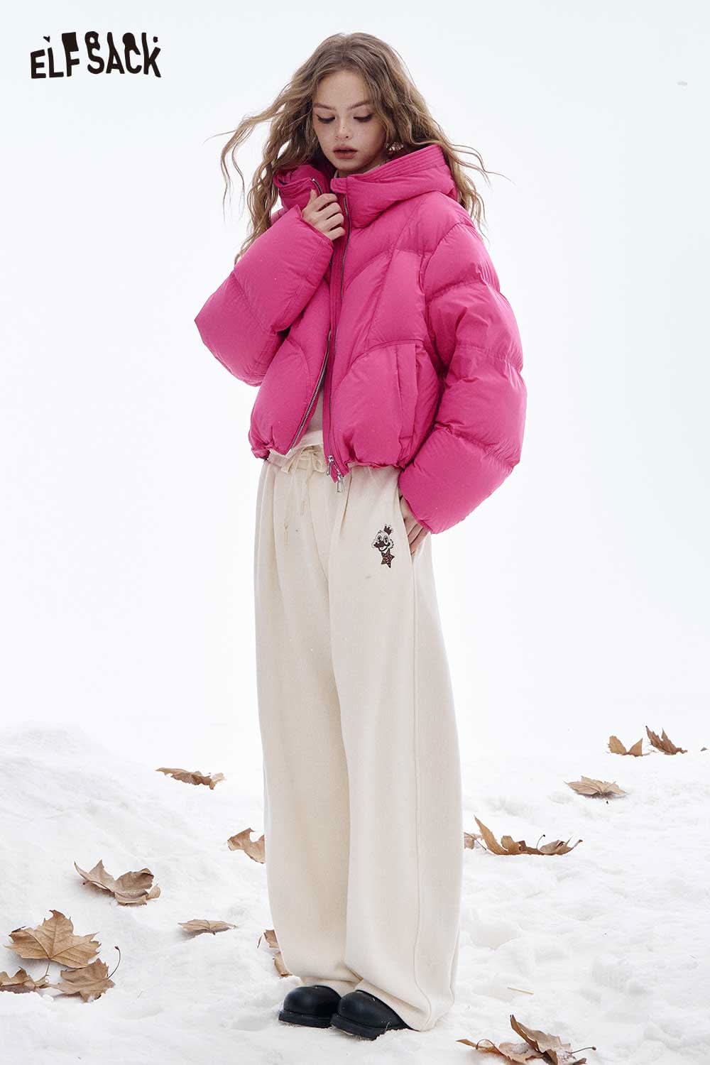ELFSACK women's short down jacket in vibrant pink with a puffy silhouette and stylish design