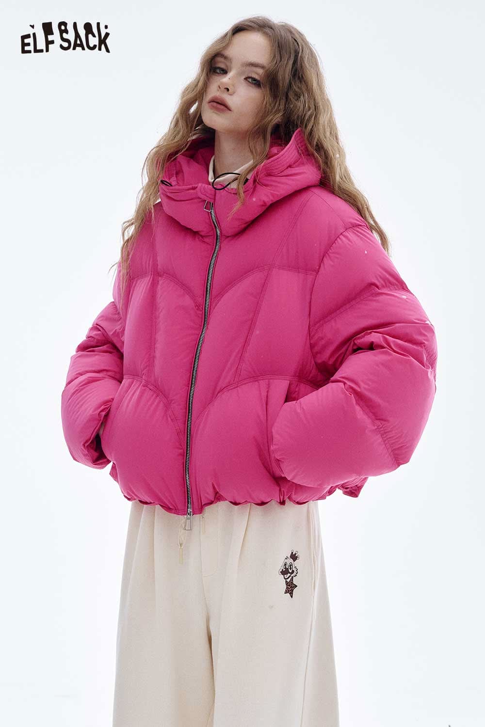 ELFSACK women's short down jacket in vibrant pink with a cozy hood and zip closure