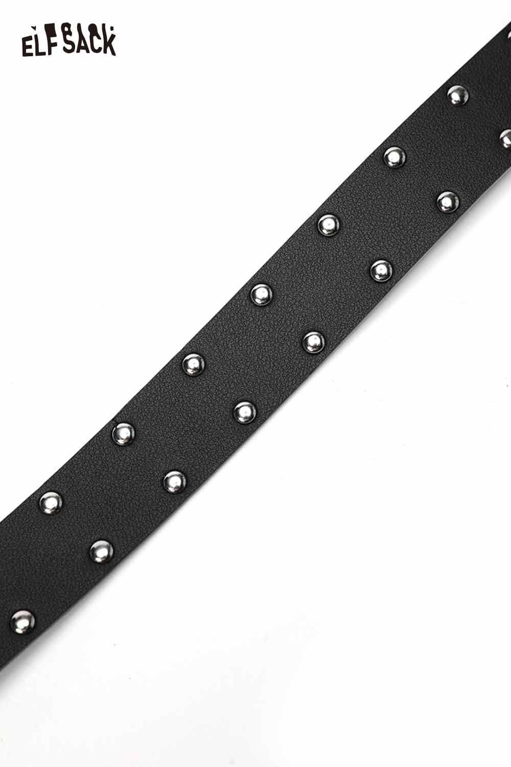 ELFSACK women's silver rivet thin belt made of black faux leather with decorative metal studs