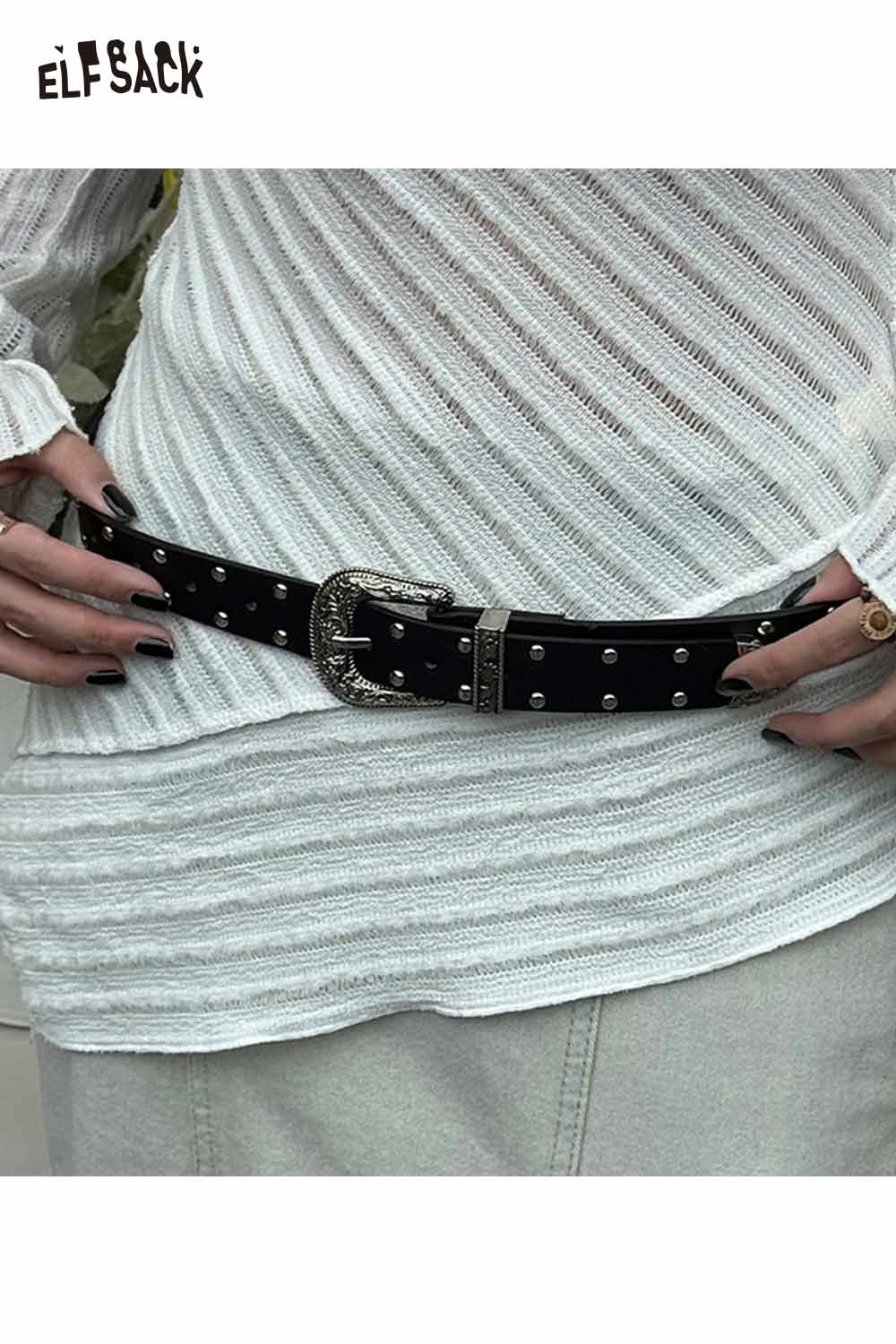 ELFSACK women's silver rivet thin belt with stylish buckle detail worn over a white top