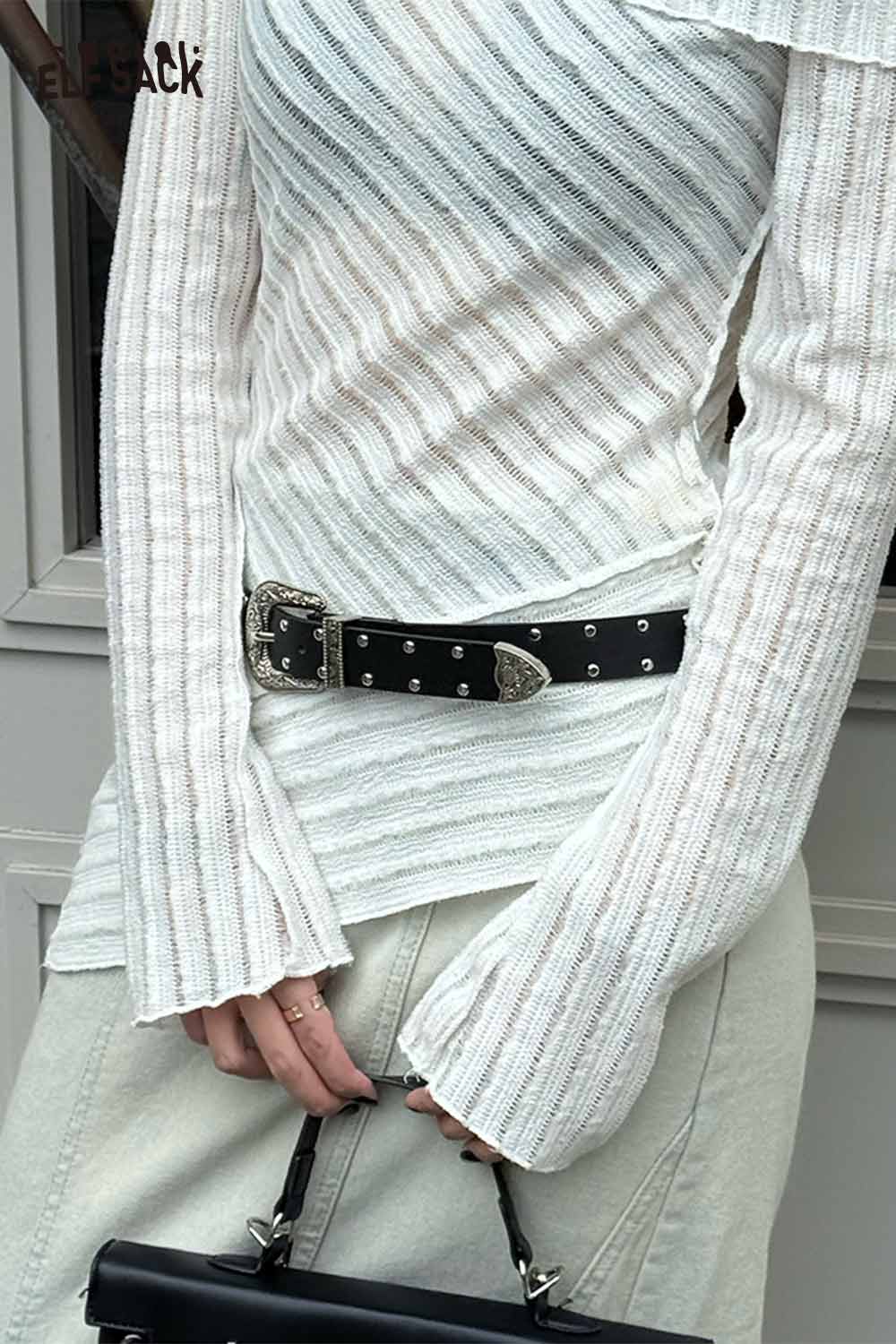 ELFSACK women's silver rivet thin belt styled with a striped top for a chic look