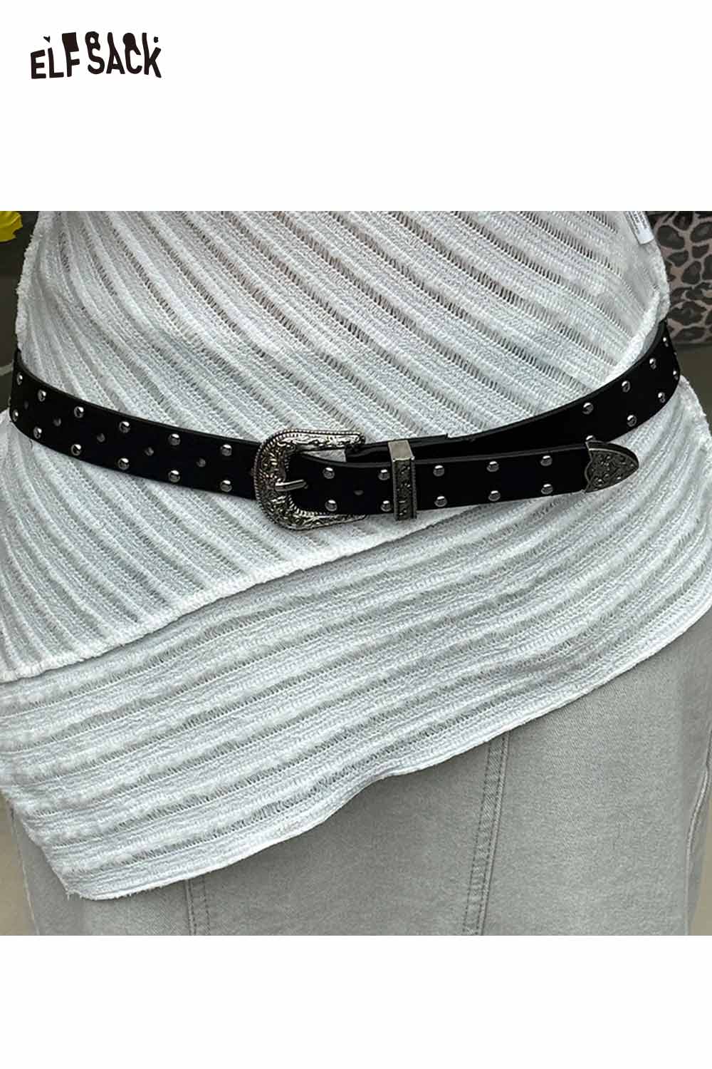 ELFSACK women's silver rivet thin belt with stylish buckle for trendy outfits