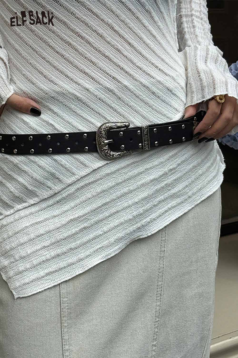 ELFSACK women's silver rivet thin belt with a stylish buckle for casual outfits