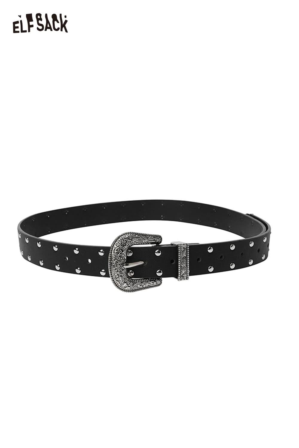 ELFSACK women's silver rivet thin belt in black with decorative buckle and studded design