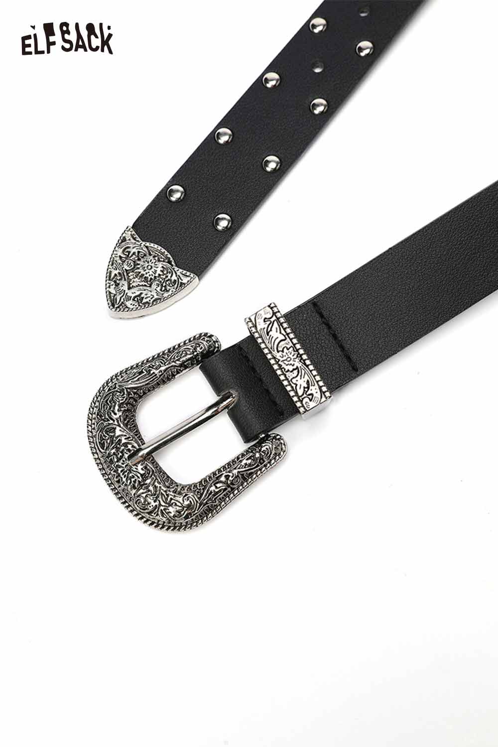 ELFSACK women's silver rivet thin belt with decorative buckle and studded detailing