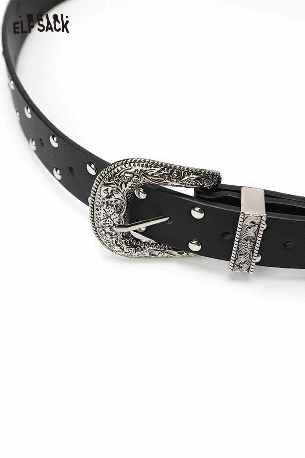 ELFSACK women's silver rivet thin belt in black with decorative buckle and rivet details