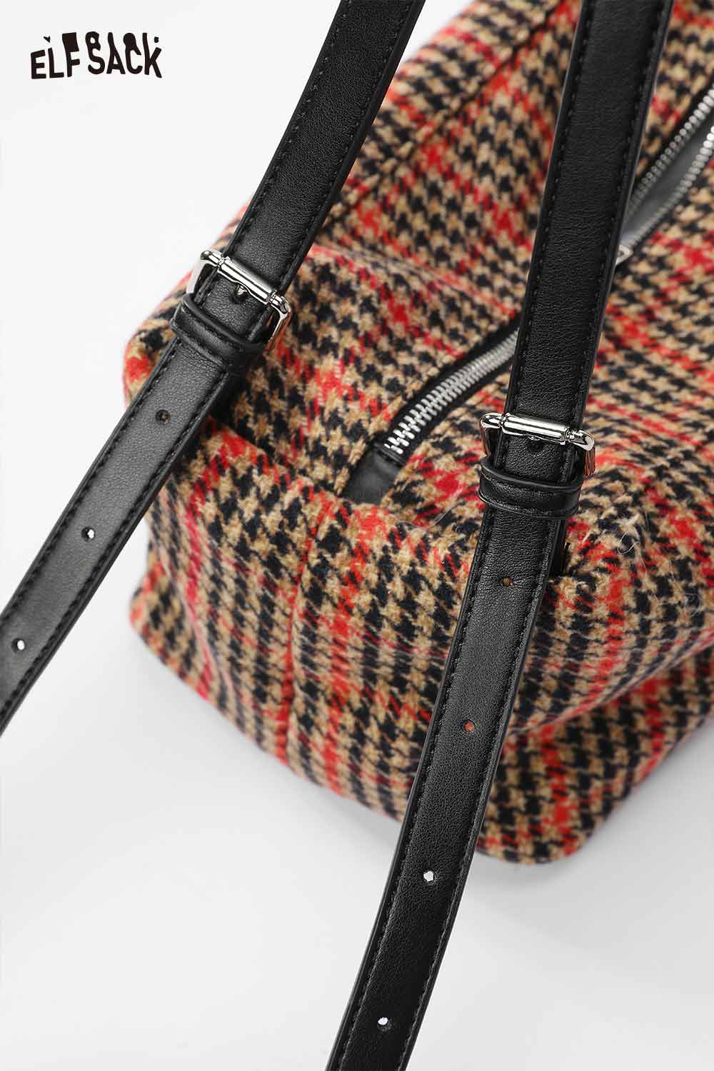 ELFSACK women's single strap shoulder bag in plaid design with stylish black straps