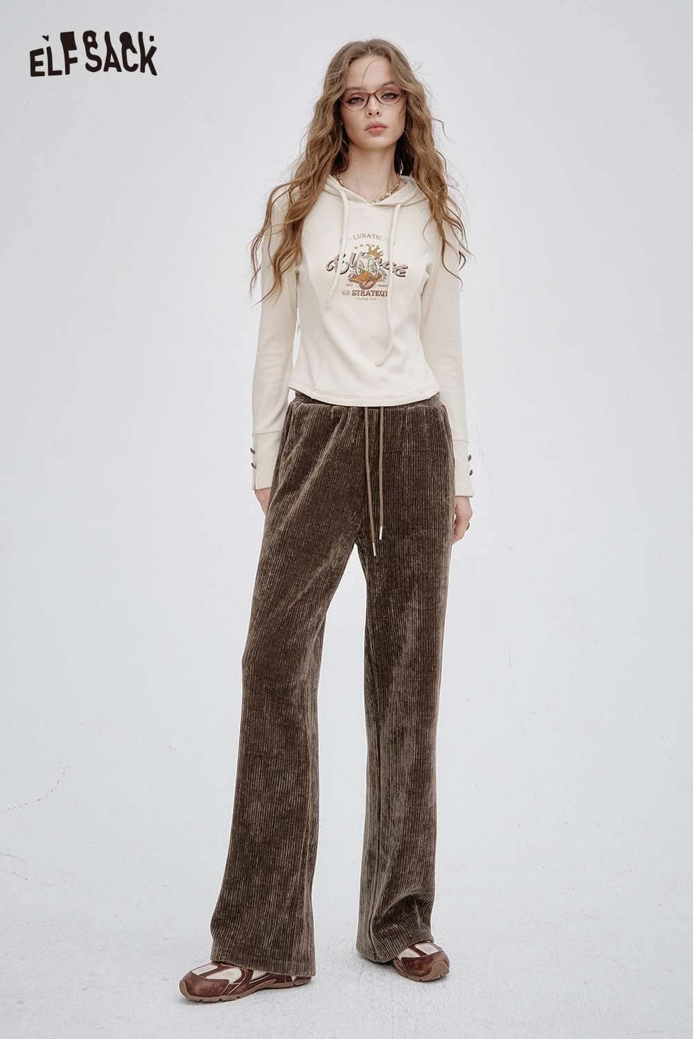 ELFSACK women's slim fit elastic drawstring pants in soft brown fabric for a comfortable and stylish look