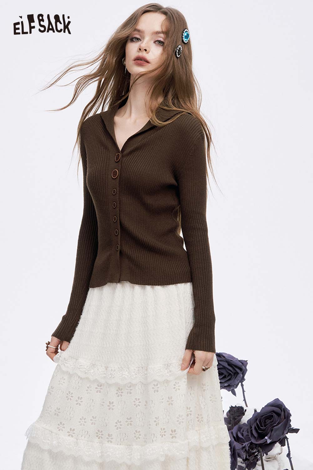 ELFSACK women's slim fit v neck knitwear in brown with button details and ribbed texture