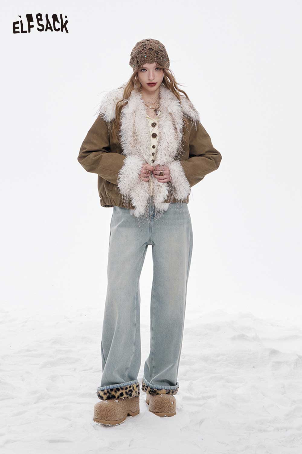 ELFSACK women's slim fit v neck knitwear styled with fluffy jacket and wide leg jeans