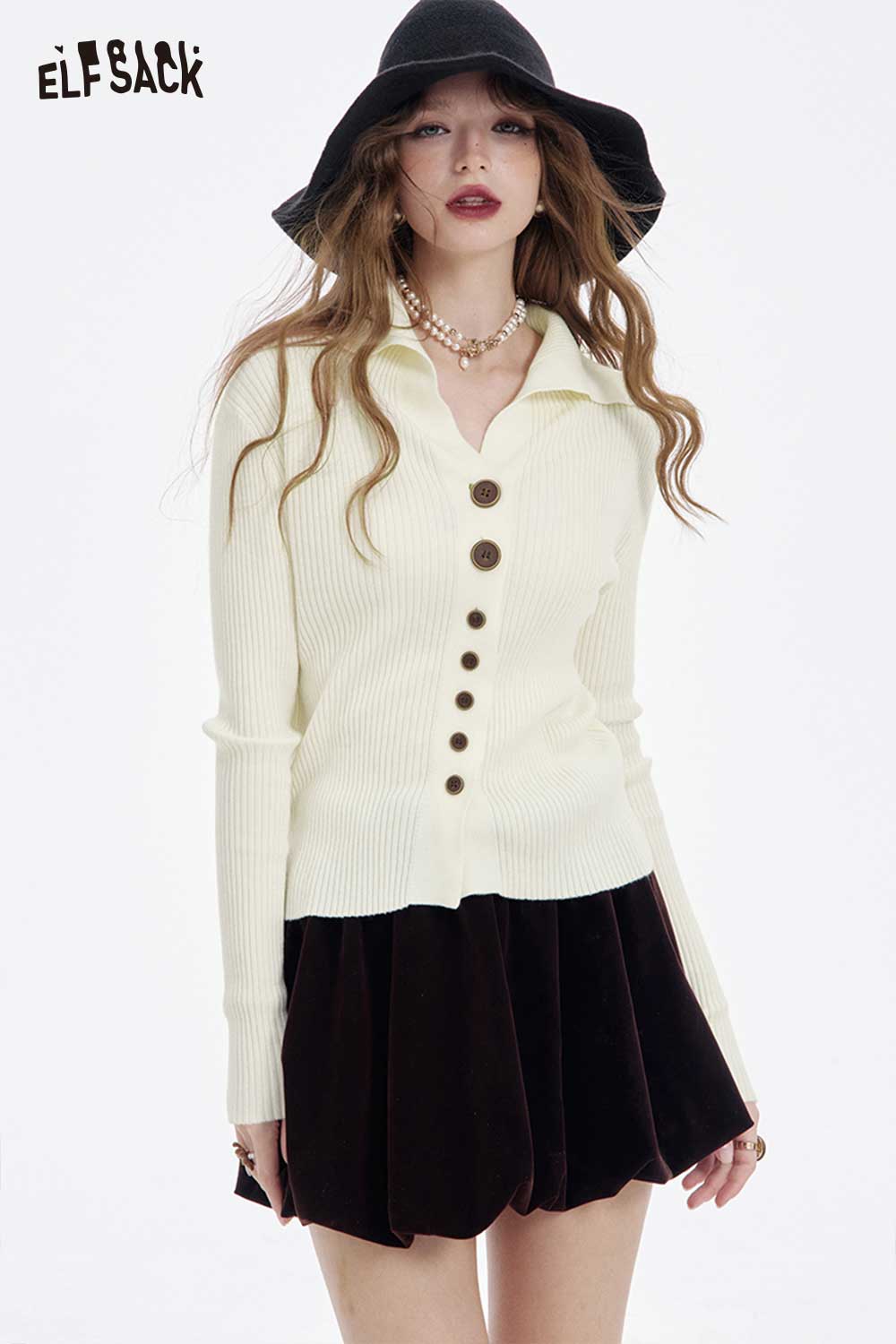 ELFSACK women's slim fit v neck knitwear in cream color with button details for a stylish look