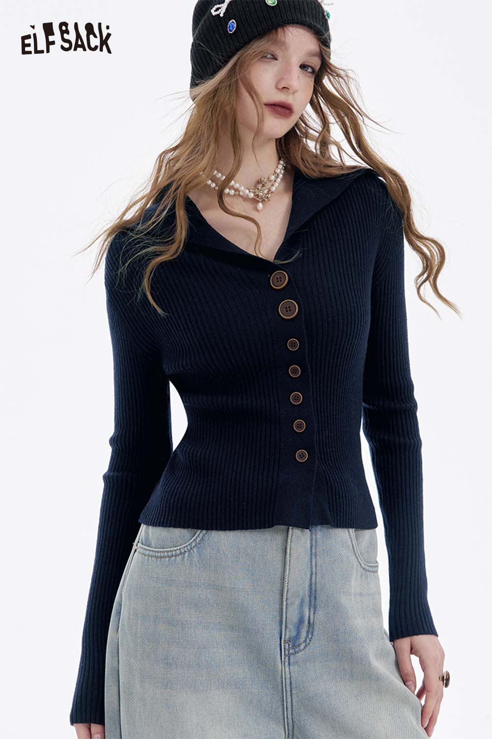 ELFSACK women's slim fit v neck knitwear in navy featuring button details and a stylish collar