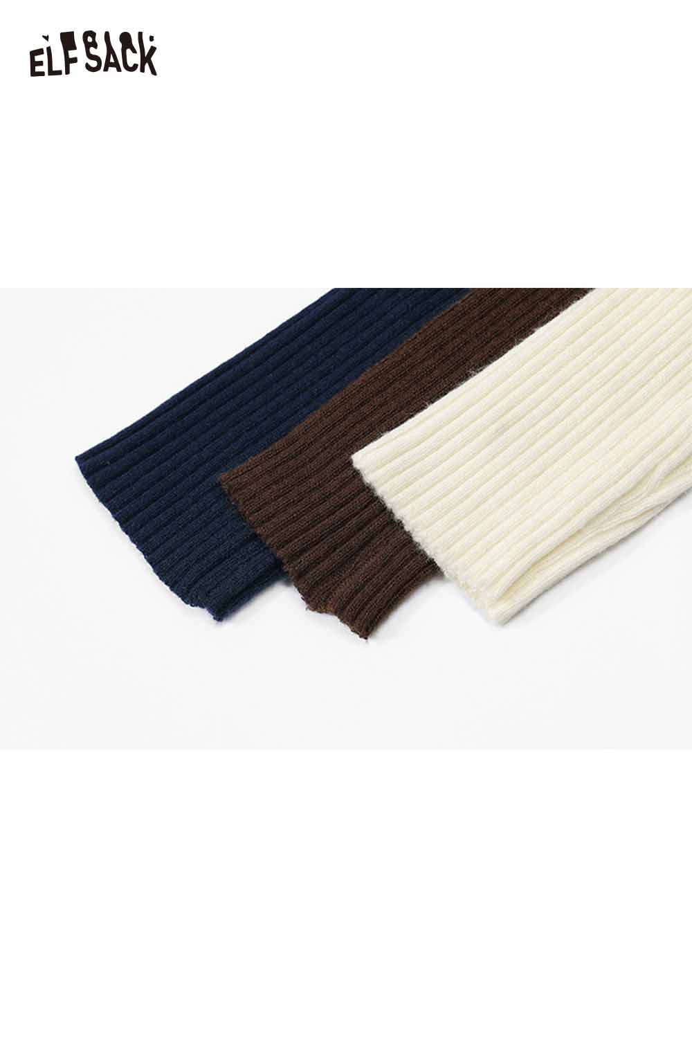 ELFSACK women's slim fit v neck knitwear in three colors: navy, brown, and cream ribbed fabric