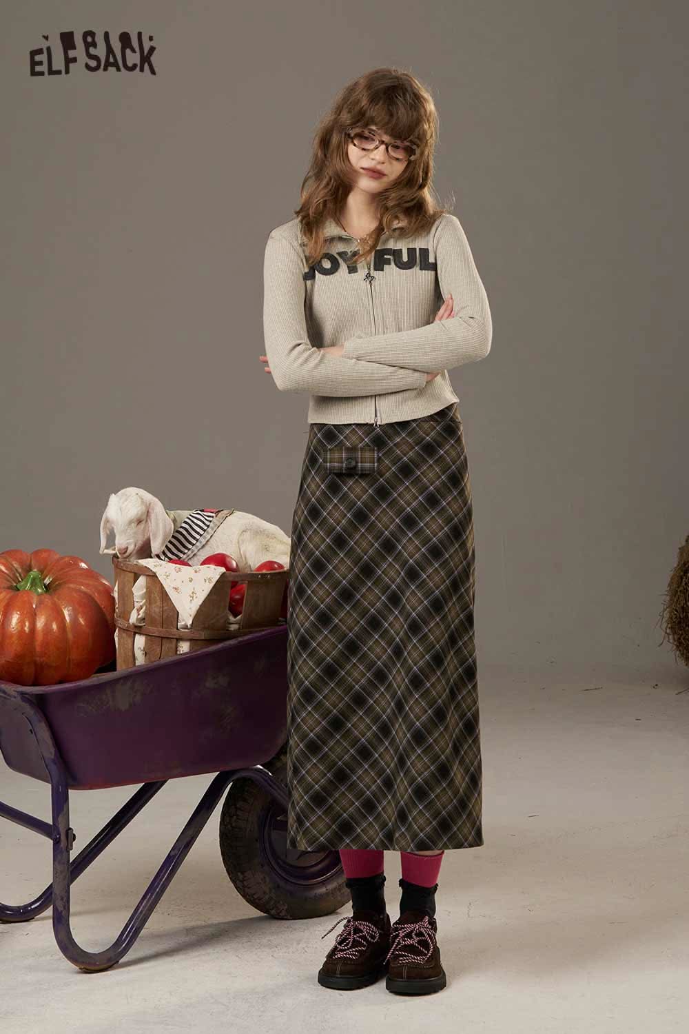 ELFSACK women's slimming zip up shirt paired with a plaid skirt for a stylish fall look