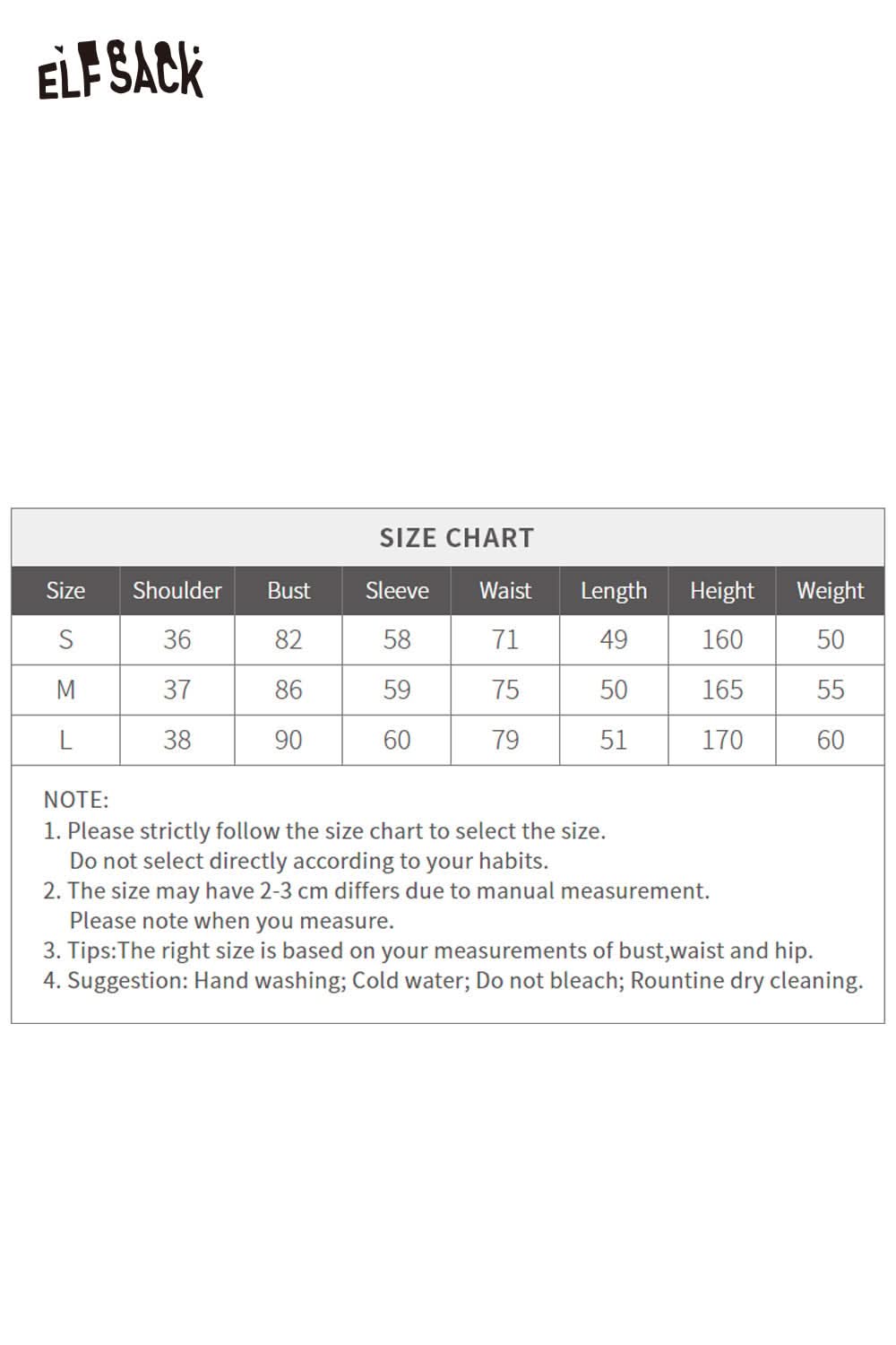 ELFSACK women's slimming zip up shirt size chart with measurements for perfect fit guidance