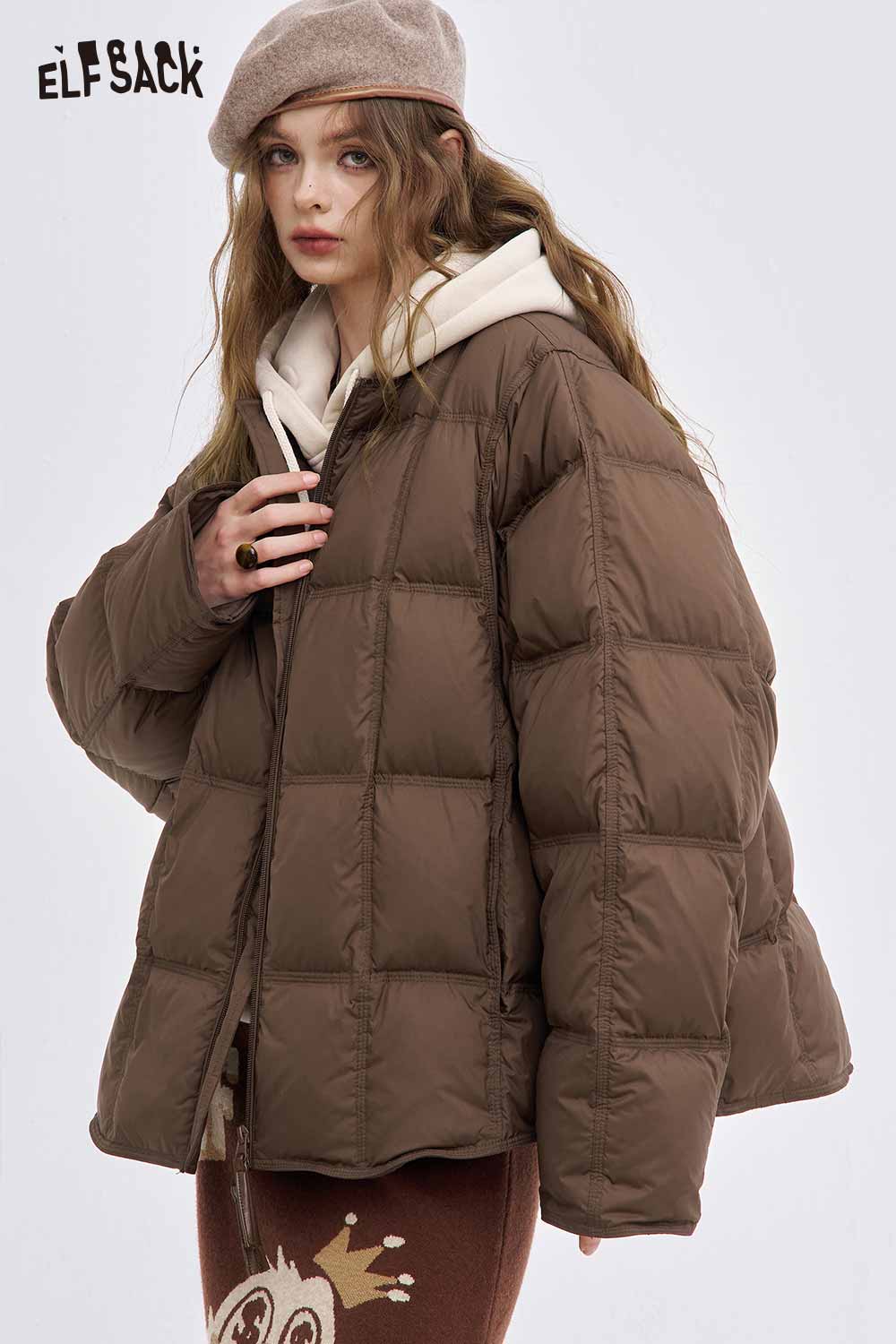 ELFSACK women's soft down jacket in brown with a cozy, puffy design and adjustable hood