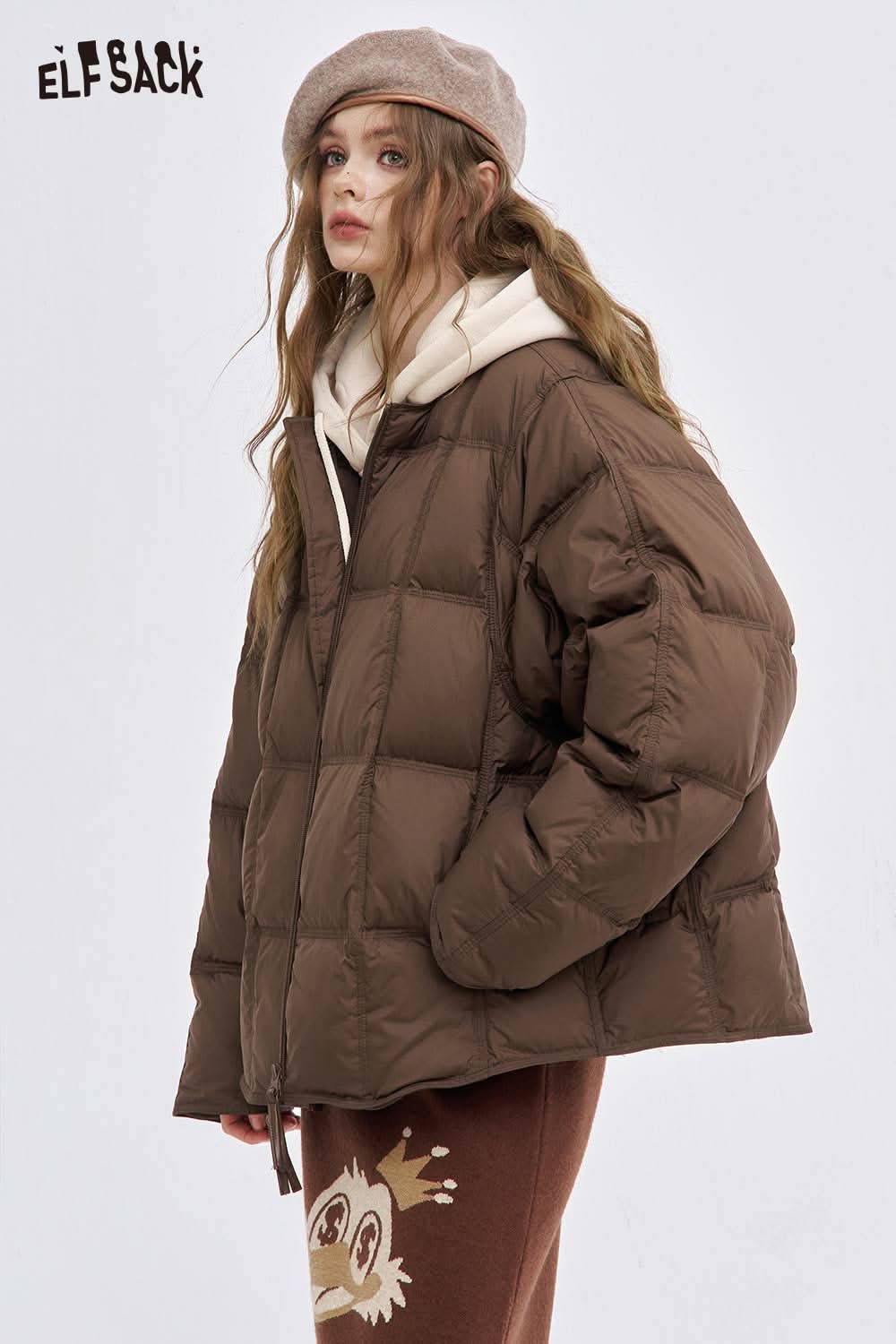 ELFSACK women's soft down jacket in brown with a cozy oversized fit for winter warmth