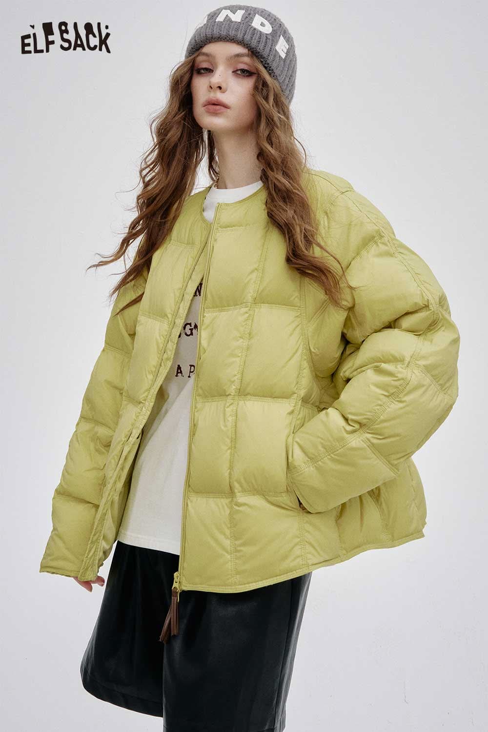 ELFSACK women's soft down jacket in lime green with a relaxed fit and stylish design