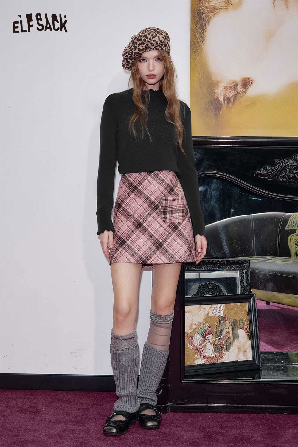ELFSACK women's soft fitted long sleeve top paired with a stylish plaid skirt for a chic look