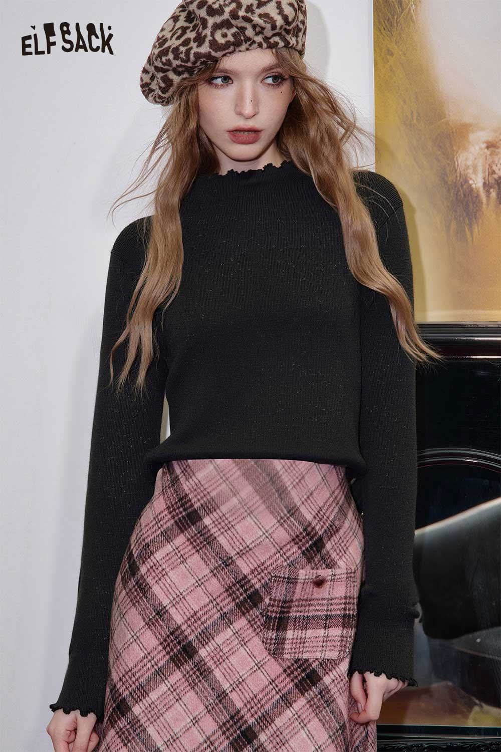 ELFSACK women's soft fitted long sleeve top in black, paired with a pink plaid skirt for a stylish look