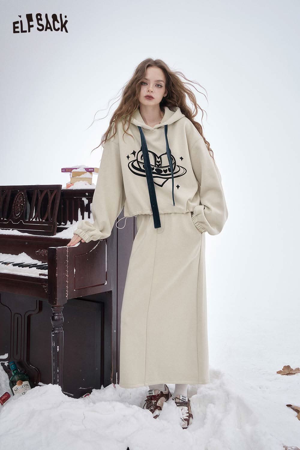 ELFSACK women's soft heart graphic skirt set in cream with a cozy hoodie and stylish long skirt