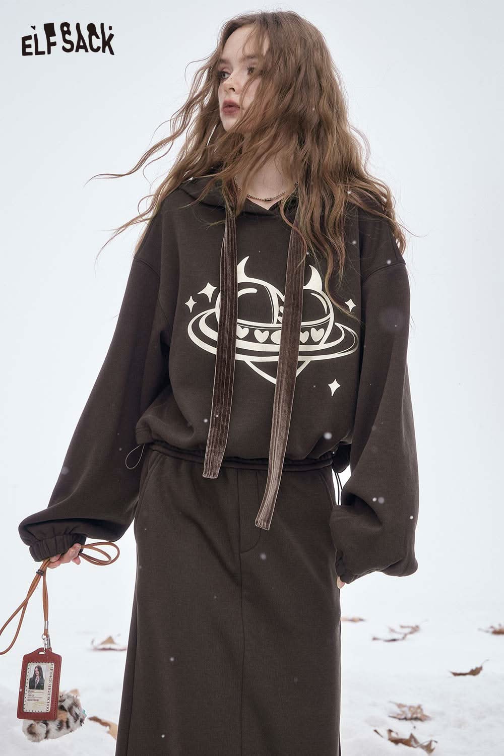 ELFSACK women's soft heart graphic skirt set in brown with a unique hoodie design and matching skirt