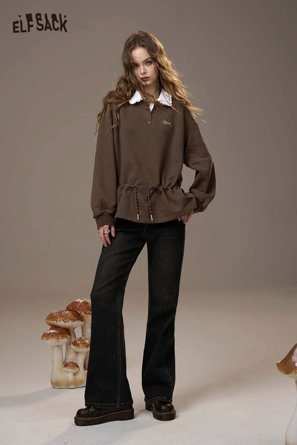 ELFSACK women's soft pullover top in brown with a drawstring waist and white collar for casual style.