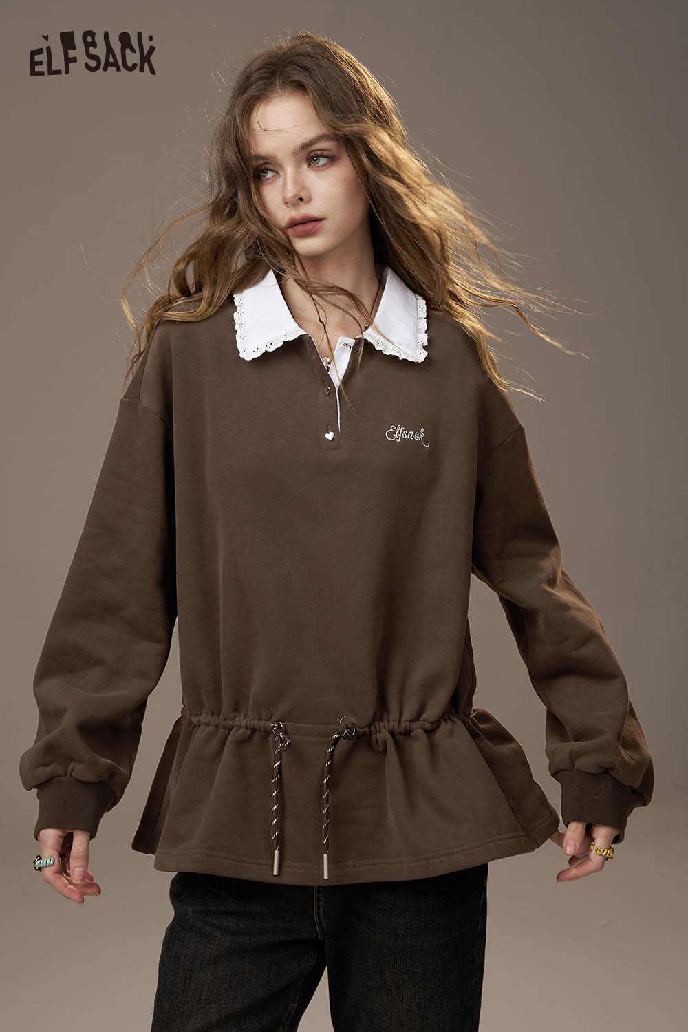 ELFSACK women's soft pullover top in brown with a ruffled hem and stylish collar