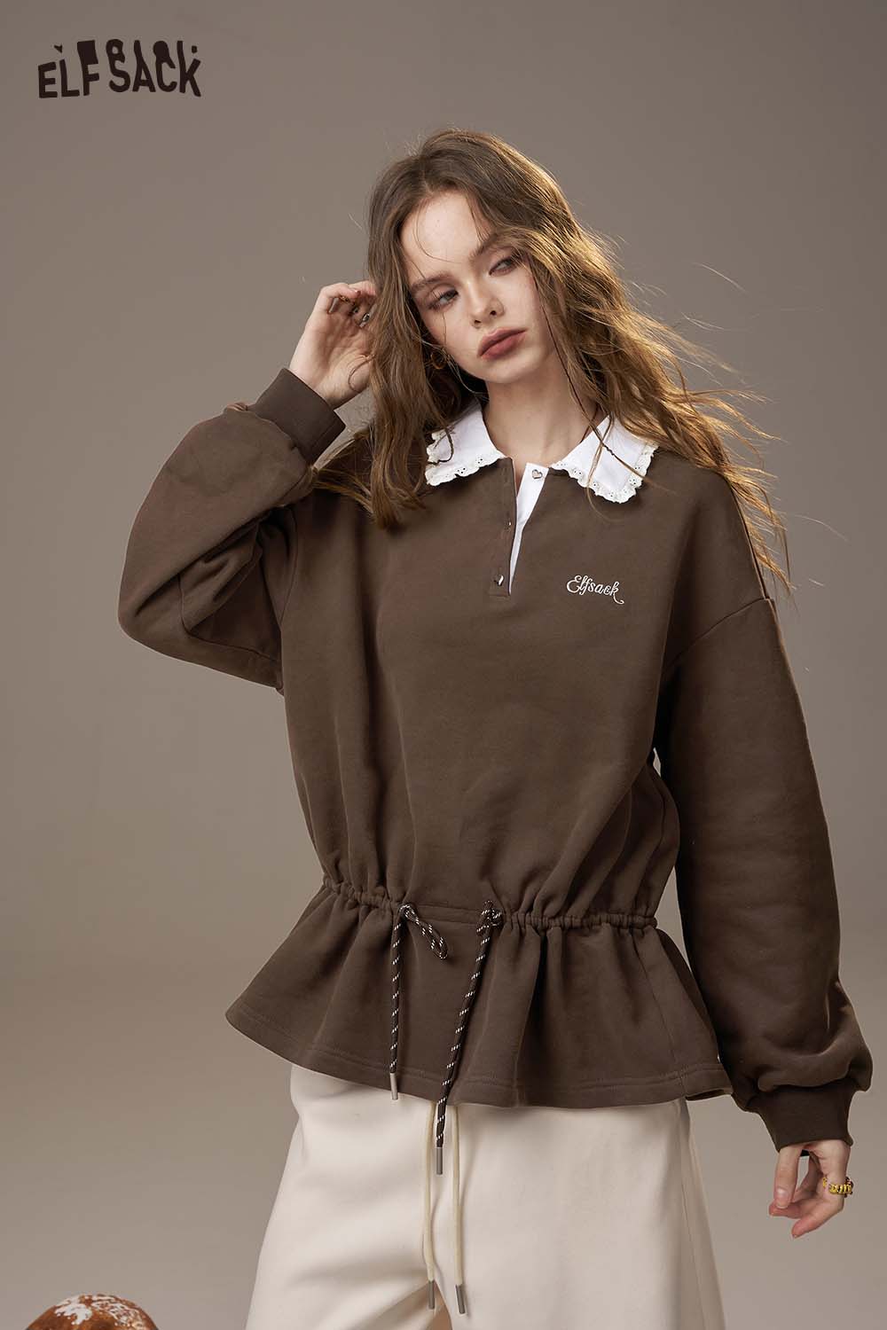 ELFSACK women's soft pullover top with a layered collar and adjustable drawstring waist in brown