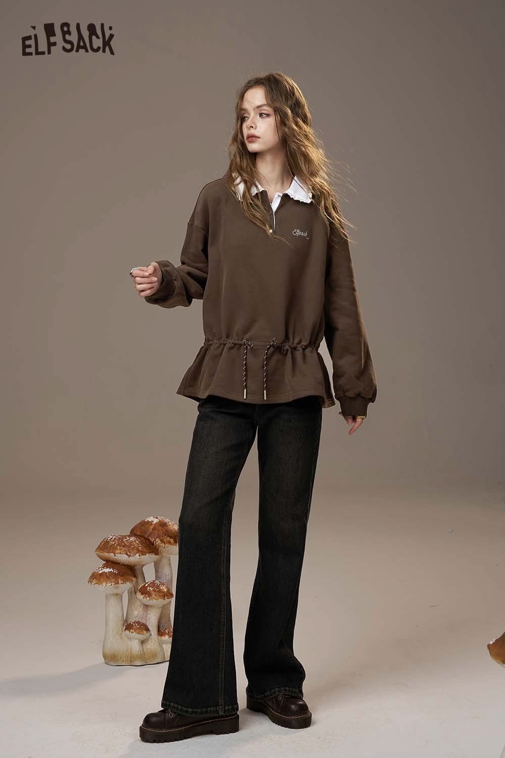 ELFSACK women's soft pullover top in brown with a drawstring waist and stylish collar