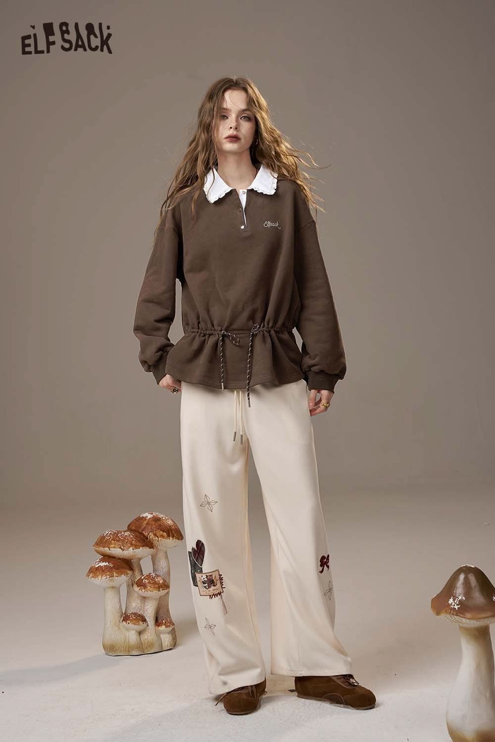 ELFSACK women's soft pullover top in brown with adjustable waist and contrasting collar.