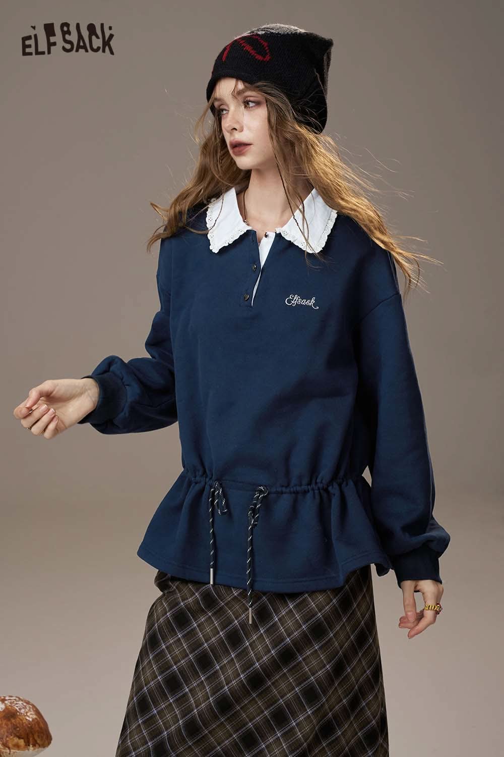 ELFSACK women's soft pullover top in navy with a peplum design and white collar detail