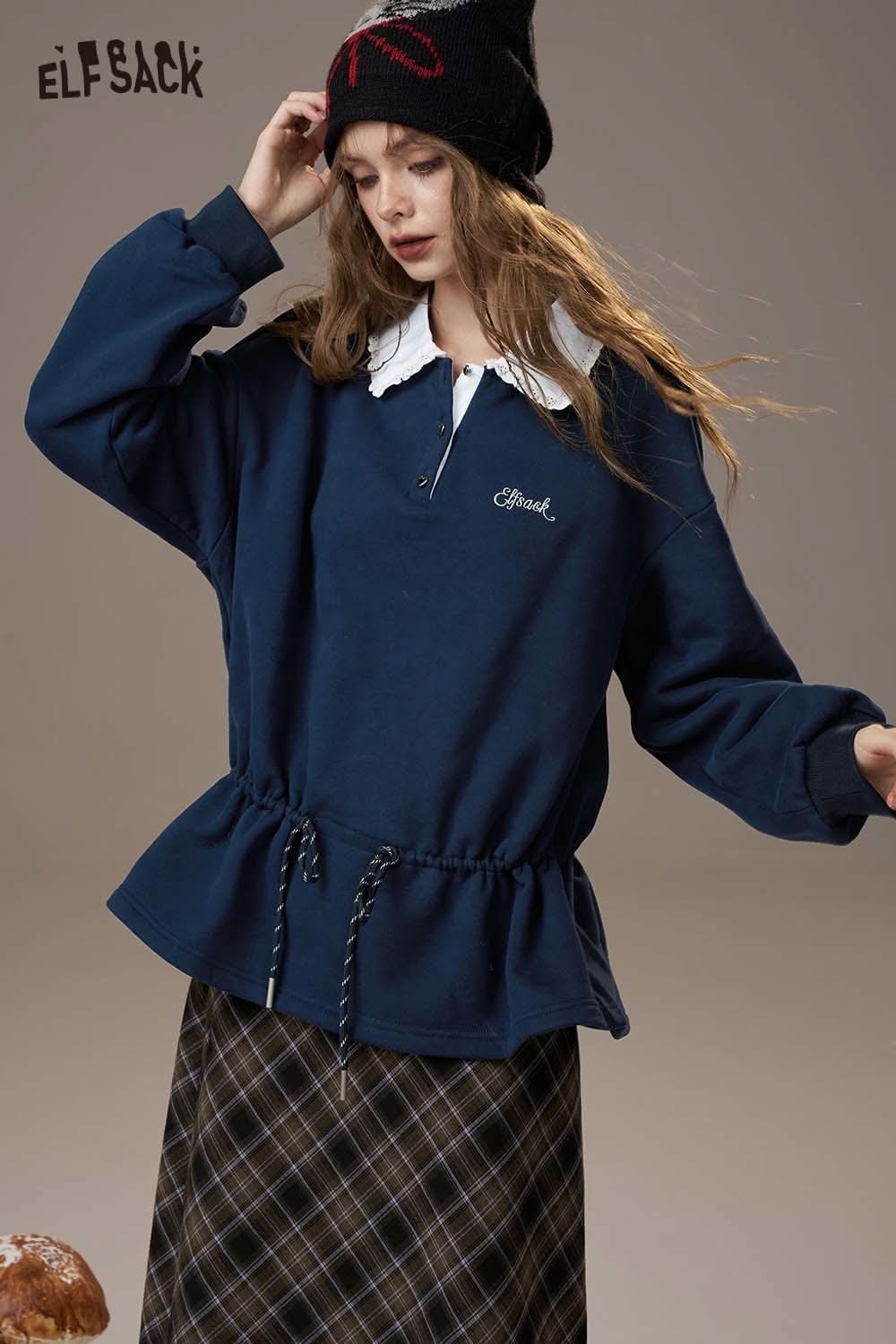 ELFSACK women's soft pullover top with collared design and gathered hem for casual comfort
