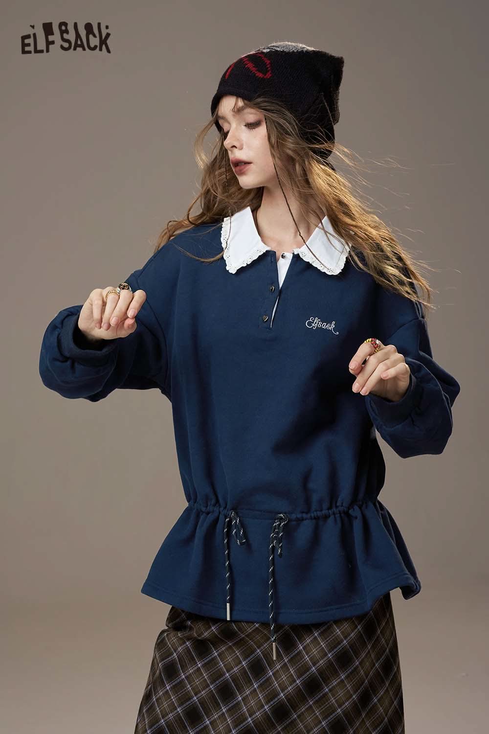 ELFSACK women's soft pullover top in navy with a collar and drawstring waist for a stylish look
