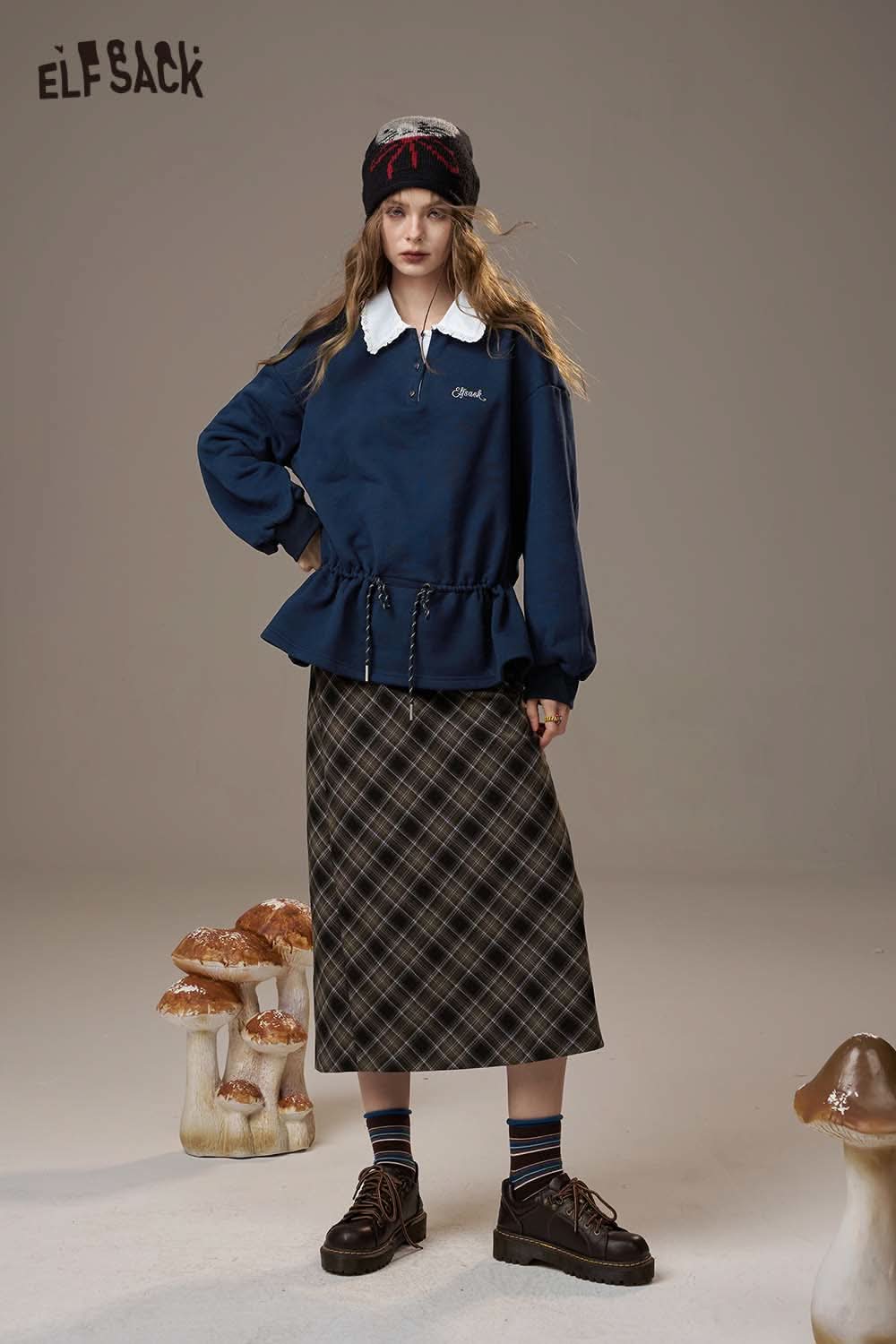ELFSACK women's soft pullover top in navy blue with stylish peplum design and layered collar