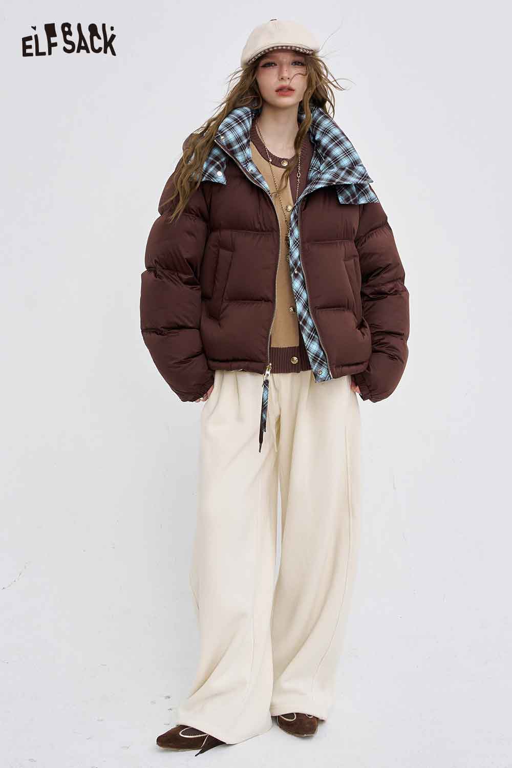 ELFSACK women's soft round neck sweater styled with a puffer jacket and wide-leg pants