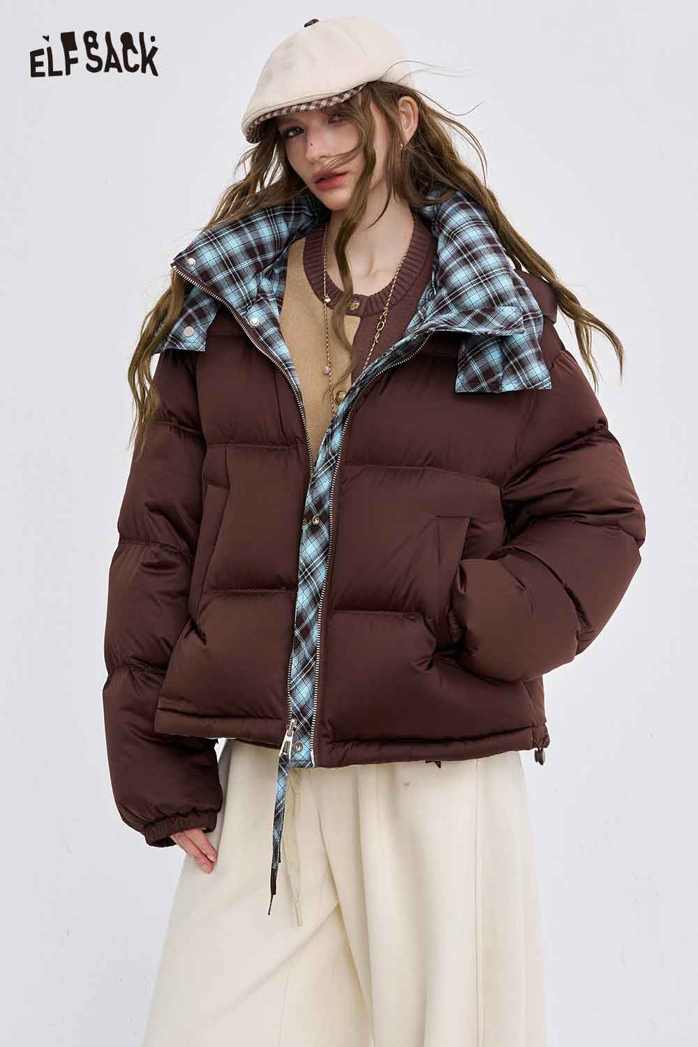 ELFSACK women's soft round neck sweater in brown, perfect for casual layering and comfortable styling