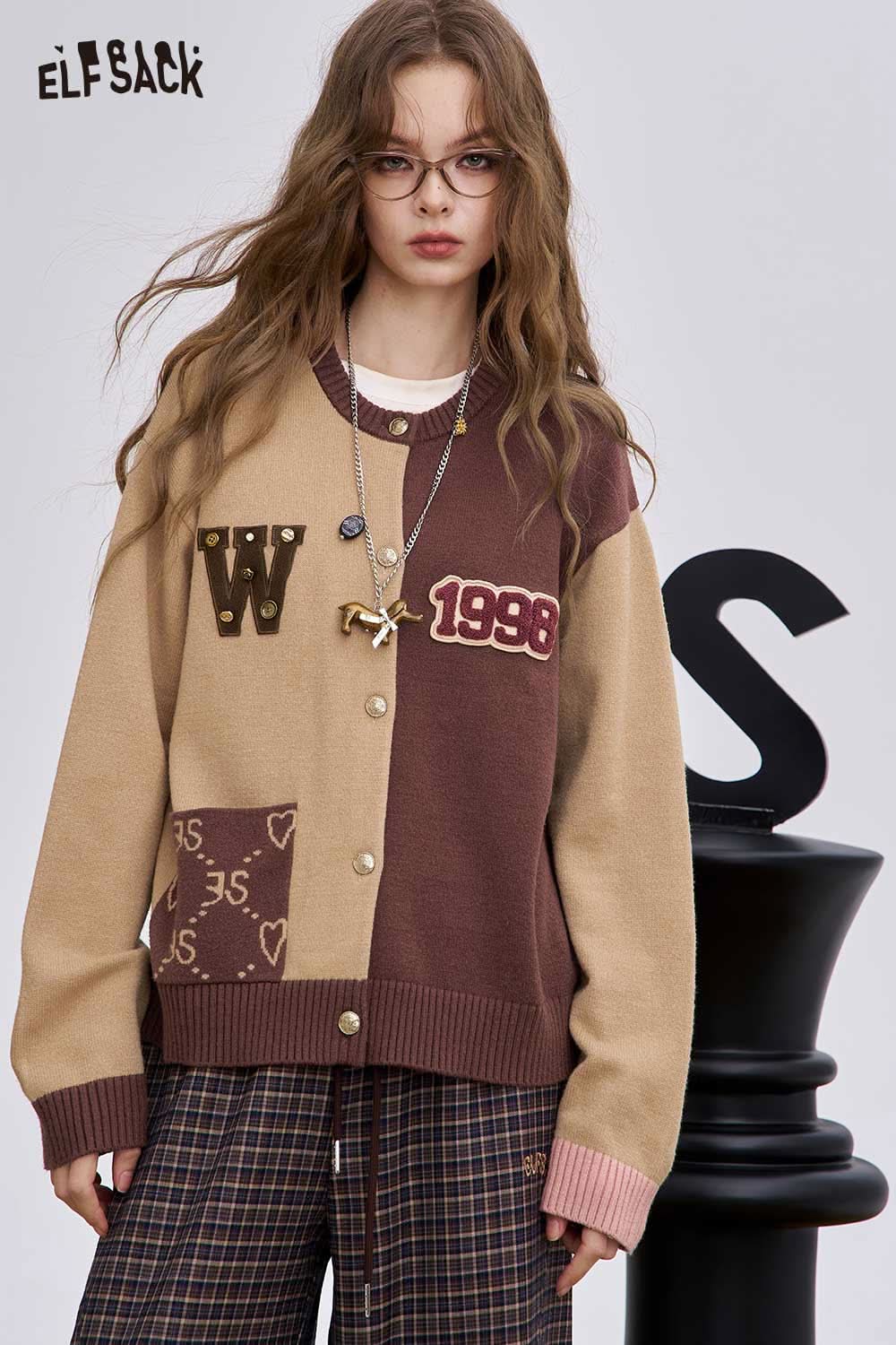 ELFSACK women's soft round neck sweater with unique colorblock design and playful lettering details