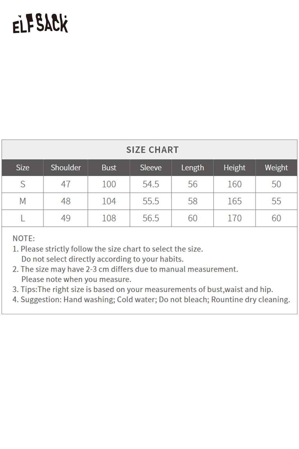 Size chart for ELFSACK women's soft round neck sweater with measurements for different sizes
