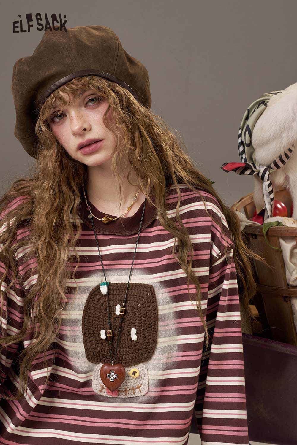 ELFSACK women's soft yarn sweatshirt with striped pattern and unique crochet design for casual style
