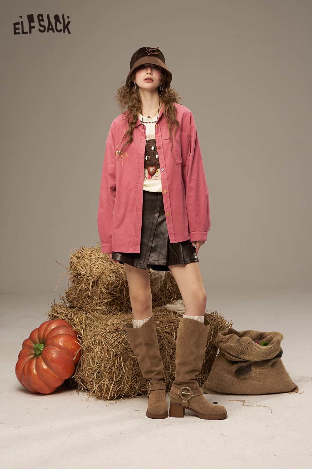 ELFSACK women's soft yarn sweatshirt in pink worn with a stylish layered outfit for a cozy look